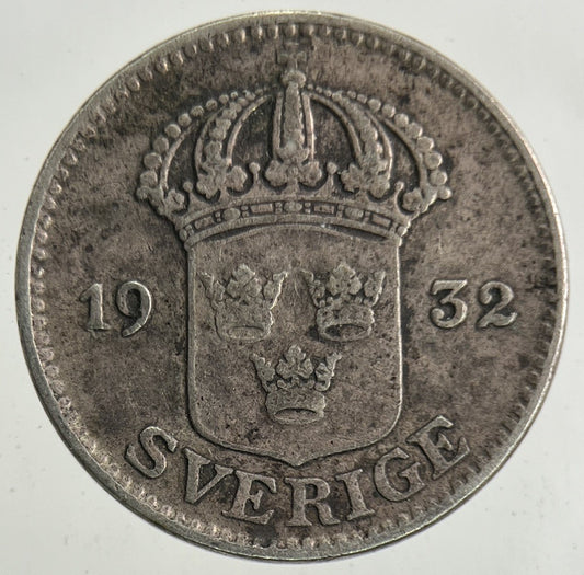 1932 Sweden 25 Ore Silver Coin | Fine Collectable Grade