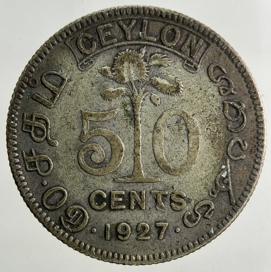 1927 Ceylon 50 Cents Silver Coin | Fine Collectable Grade