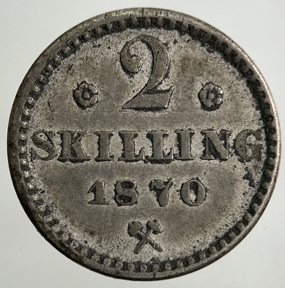 1870 Norway 2 Skilling Silver Coin | Fine Collectable Grade