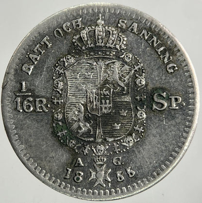 1855 Sweden 1/16 Riksdaler Silver Coin | Very High Grade