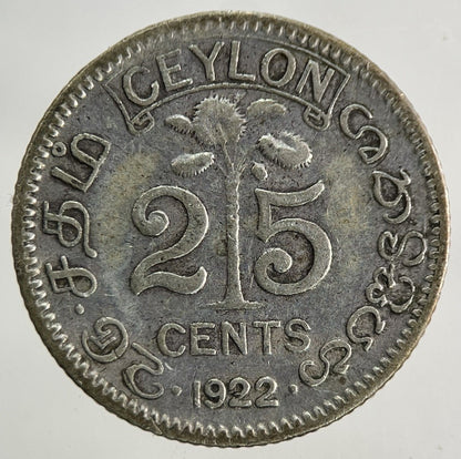 1922 Ceylon 25 Cents Silver Coin | Fine Collectable Grade