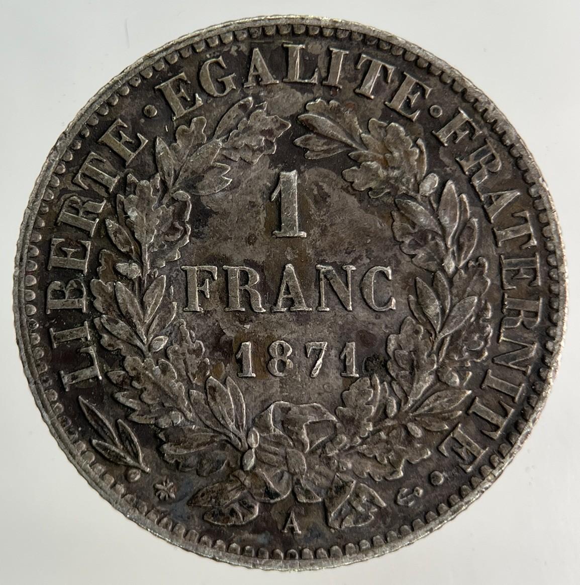 1871 France 1 Franc Silver Coin | Very High Grade