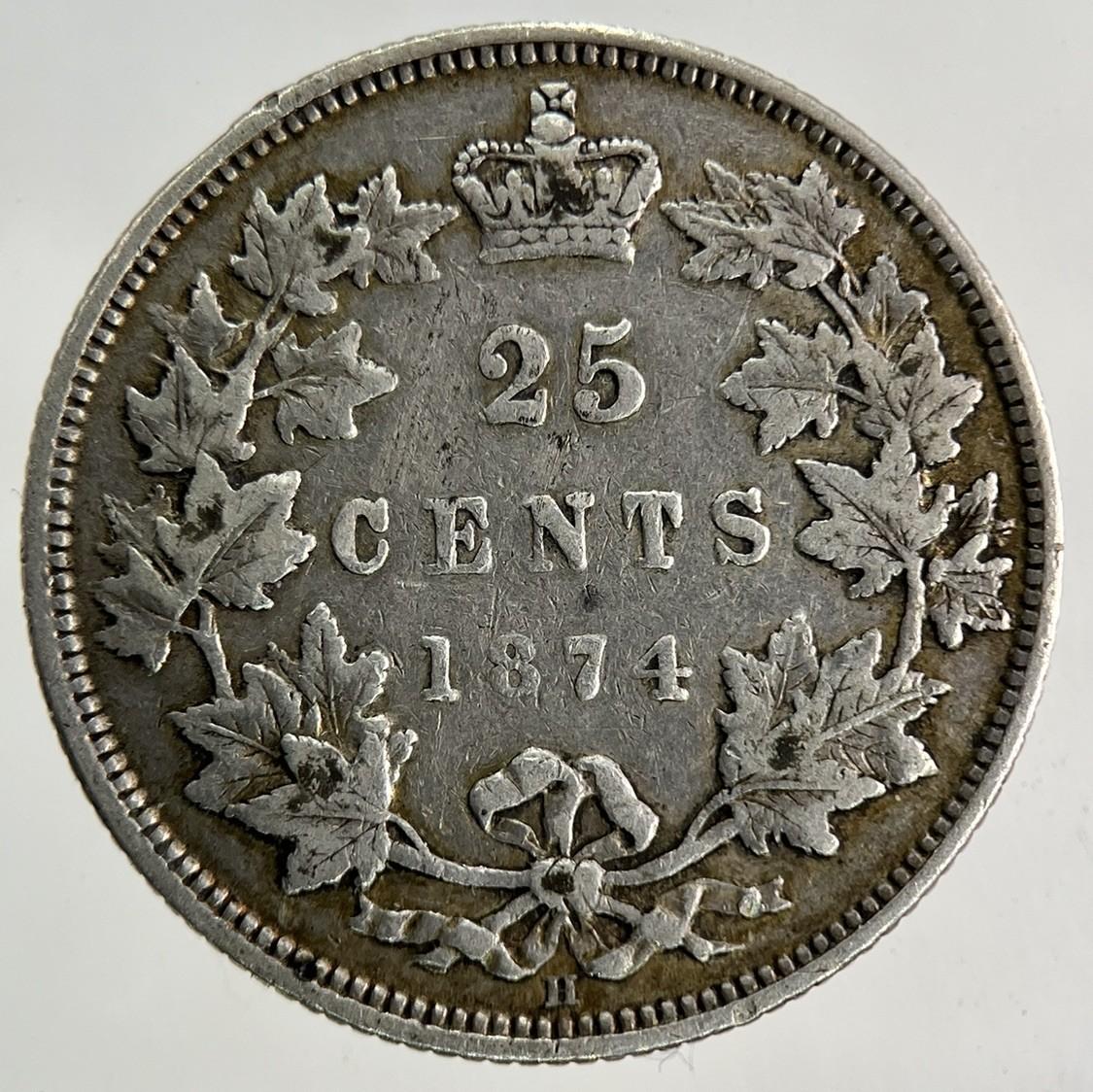 1874-H Canada 25 Cents Silver Coin | Fine Collectable Grade