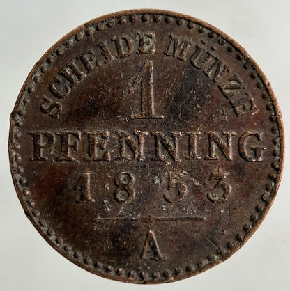 1853 German 1 Pfennig Coin | Fine Collectable Grade