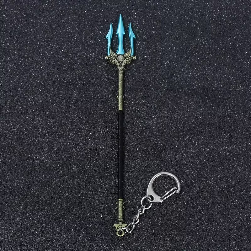 Metal Black & Blue Poseidon Trident Fork Keyring Premium Keychain Gift UK