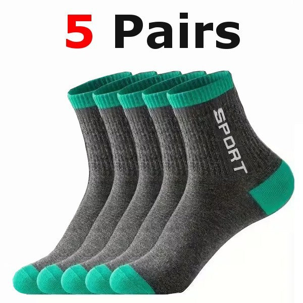 5 Pairs Mens Green / Grey Sports Socks Cotton Football Crew Sock Size 6 - 11 UK