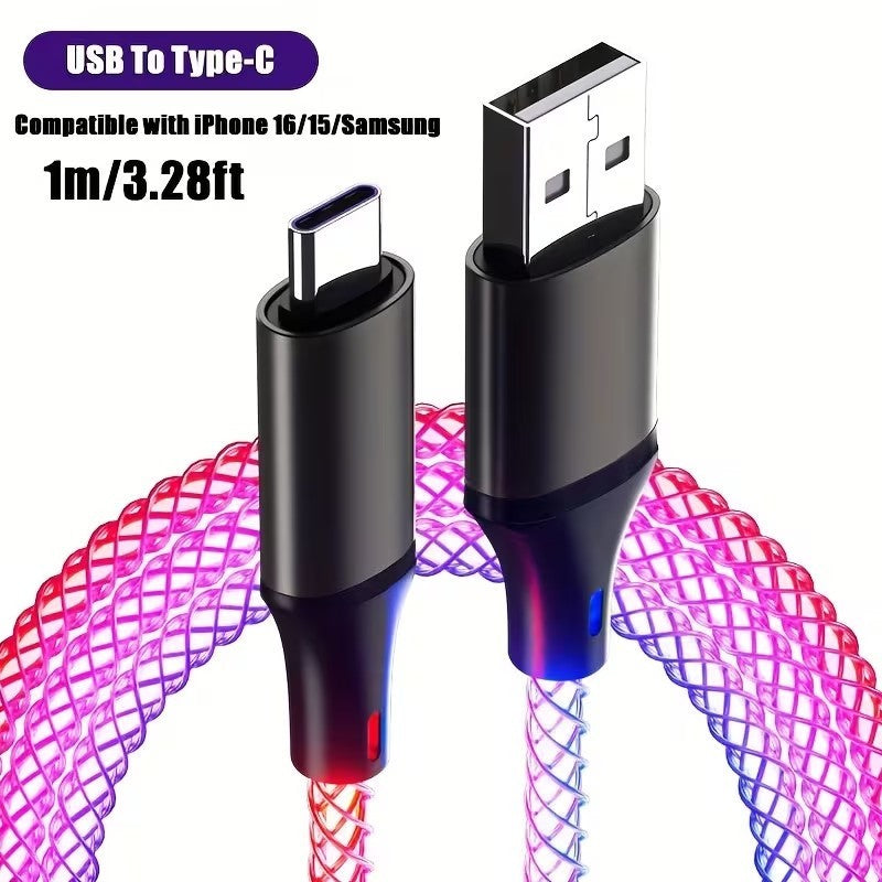 Type - C Multi - Coloured RGB Flowing LED USB Cable Charging Cable Multi Charger