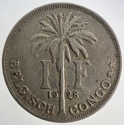1928 Belgium Congo 1 Franc Coin | Fine Collectable Grade