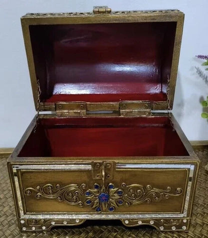 Handmade Thai Antique Vintage Wooden Jewellery Box Coin Treasure Chest Storage