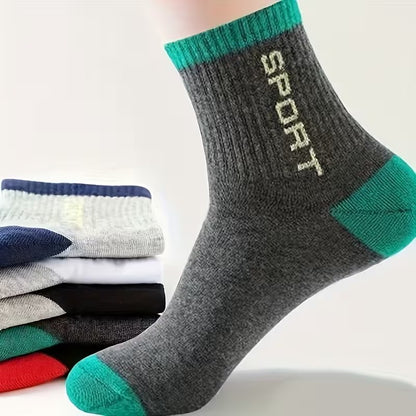 5 Pairs Mens Green / Grey Sports Socks Cotton Football Crew Sock Size 6 - 11 UK