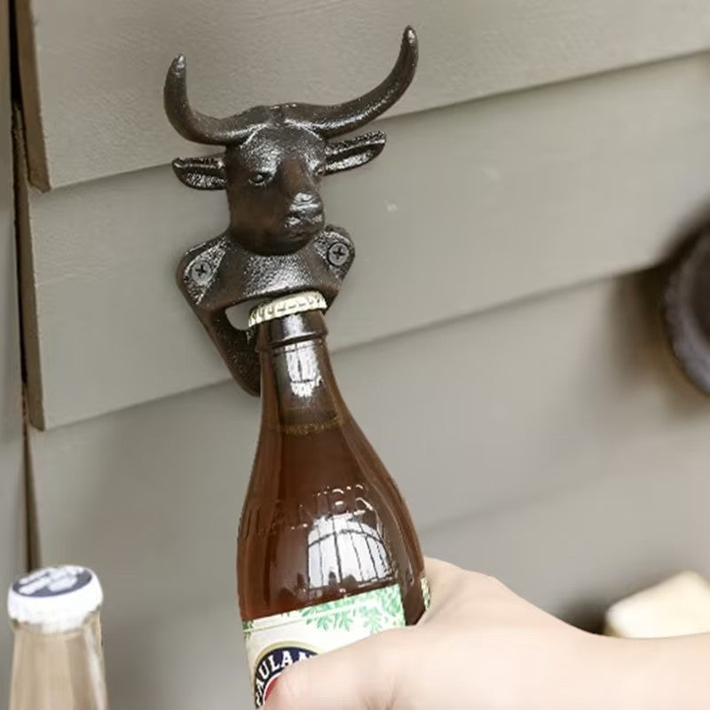 Cast Iron Heavy Duty Metal Bull Head Wall Mounted Drink Bottle Opener