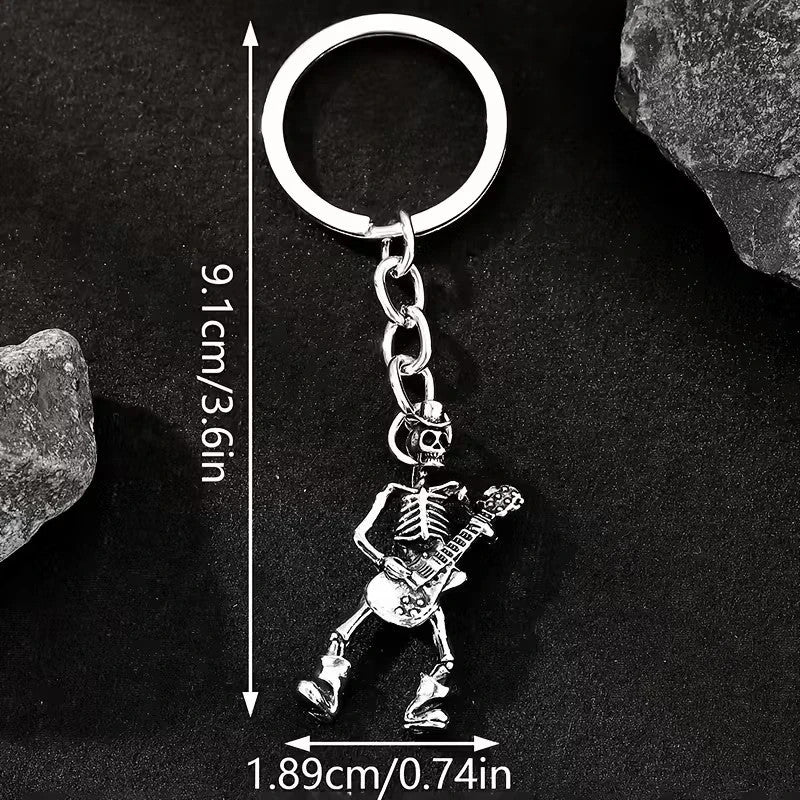 Mini Metal Skeleton Playing Guitar Keyring Premium Keychain Gift UK