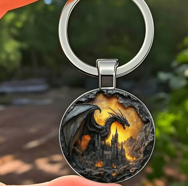 Metal Fire Dragon Above Fortress Shaped Keyring Premium Keychain Gift UK