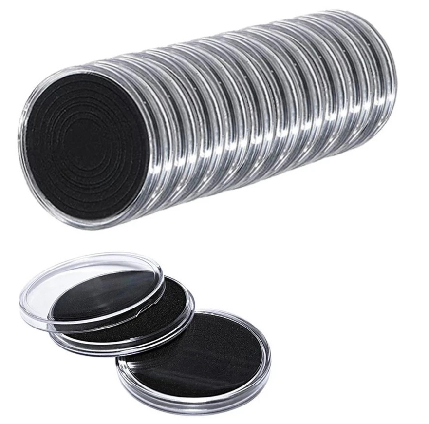 10 x Coin Storage Protective Clear 30mm Capsule + Black Adjustable Foam Insert