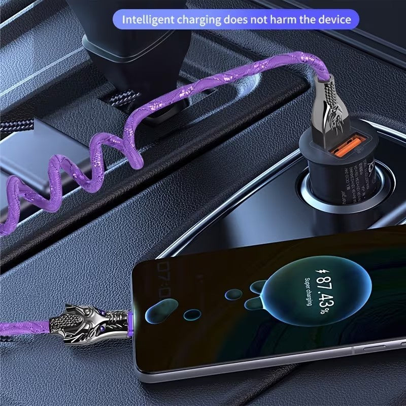 Black Glowing Dragon USB A To Type C Cable 100W Fast Charger Data Transfer 1M