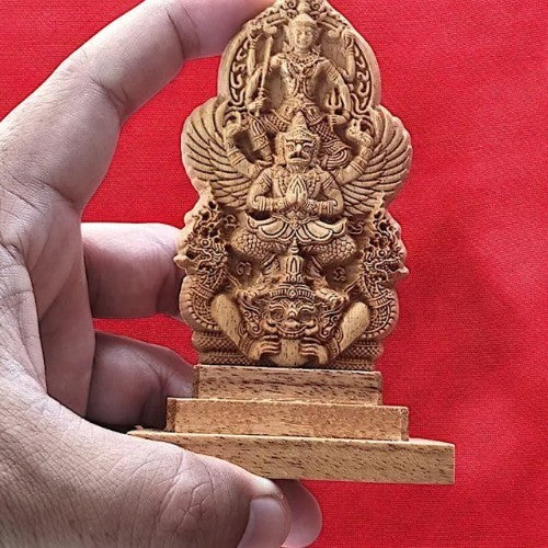 Thailand Thai Carved Teak Wooden Lord Vishnu on Garuda on Rahu Sculpture Coin
