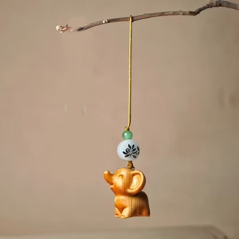 Mini Carved Wooden Elephant Phone Charm Hanger + Metal Clip Keyring Gift UK