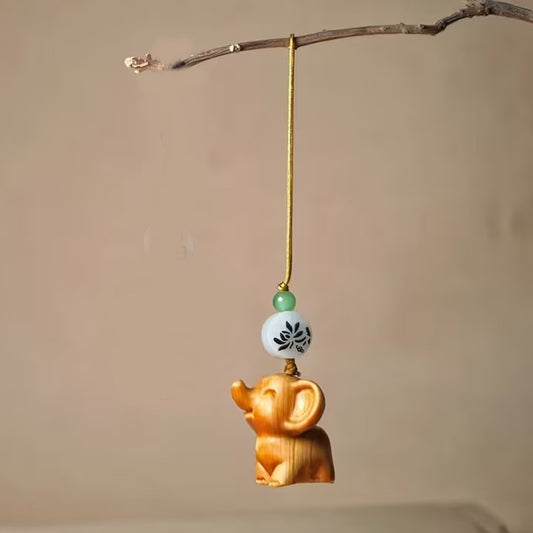 Mini Carved Wooden Elephant Phone Charm Hanger + Metal Clip Keyring Gift UK