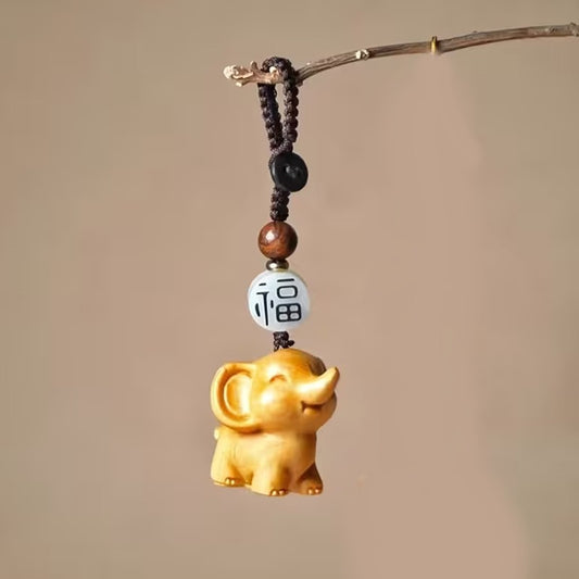 Mini Carved Wooden Elephant Charm + Metal Clip Keyring Keychain Gift UK