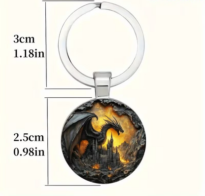 Metal Fire Dragon Above Fortress Shaped Keyring Premium Keychain Gift UK