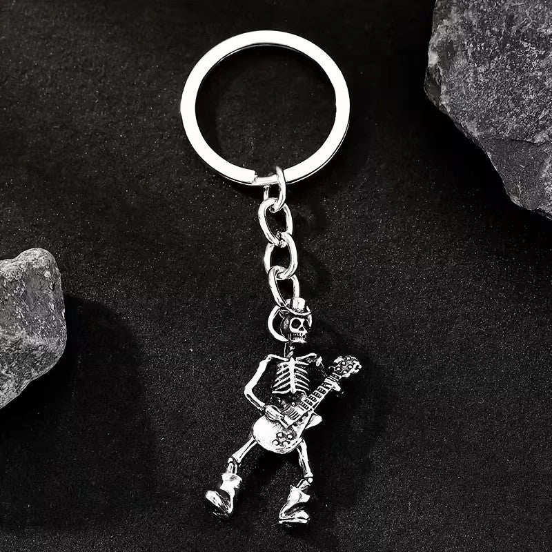 Mini Metal Skeleton Playing Guitar Keyring Premium Keychain Gift UK