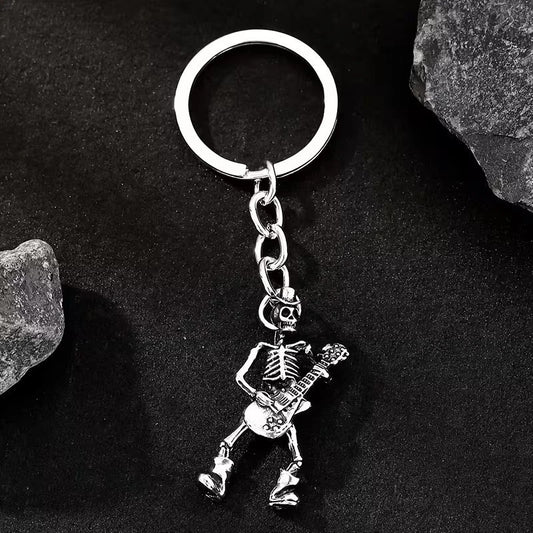Mini Metal Skeleton Playing Guitar Keyring Premium Keychain Gift UK