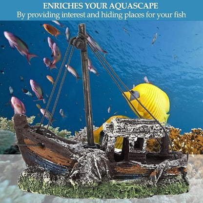 Aquarium Fish Tank Shipwreck Sculpture Figurine For Freshwater & Saltwater Tanks
