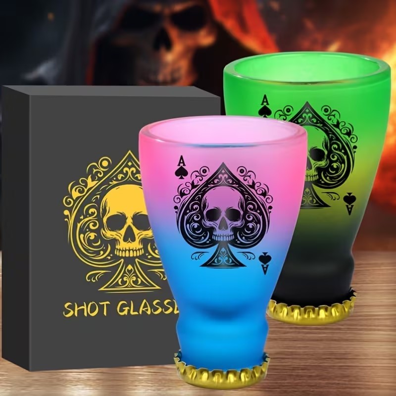 2 x Green & Pink Black Spade Skull Golden Liquor Cap Glass Shot Glasses Gift UK
