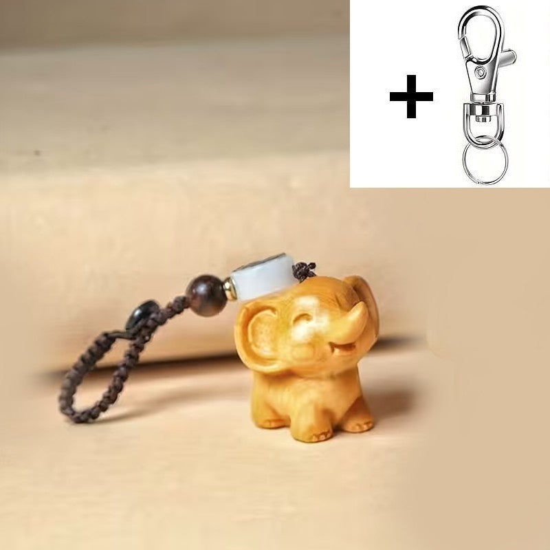 Mini Carved Wooden Elephant Charm + Metal Clip Keyring Keychain Gift UK