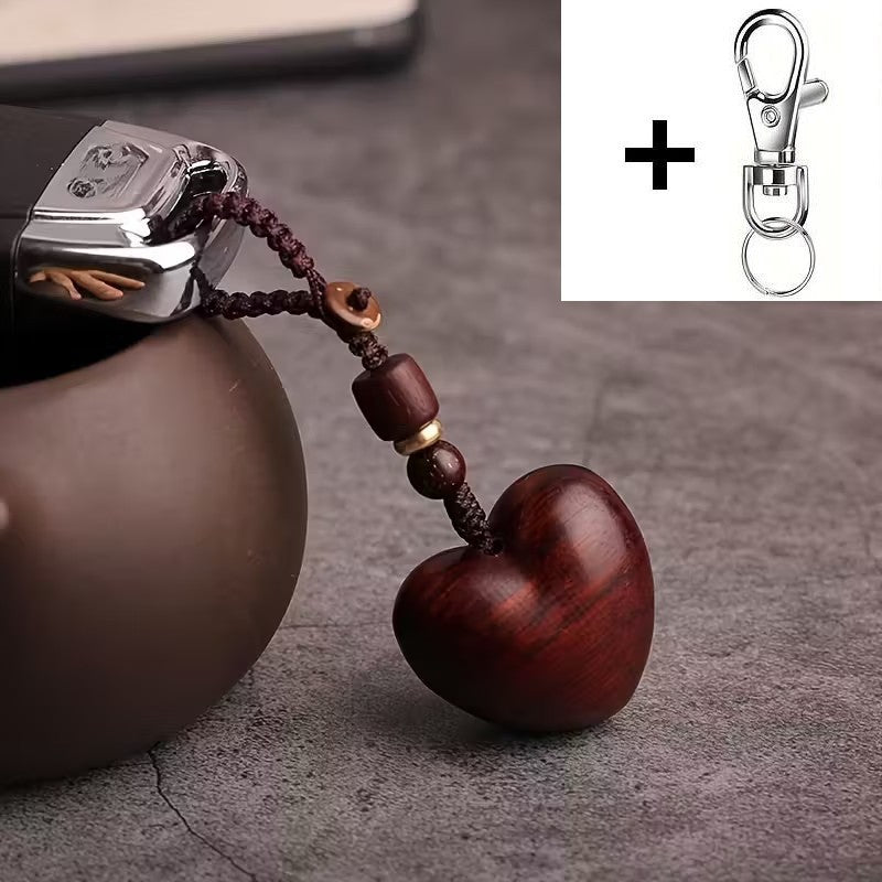 Carved Wooden Wood Love Heart Charm + Metal Clip Keyring Keychain Gift UK
