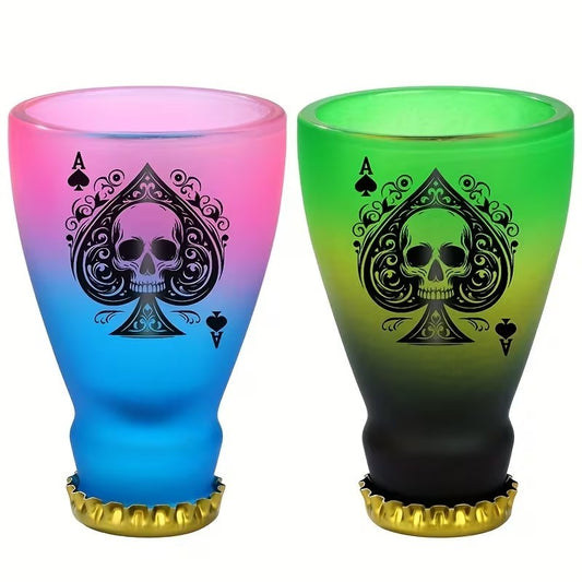2 x Green & Pink Black Spade Skull Golden Liquor Cap Glass Shot Glasses Gift UK