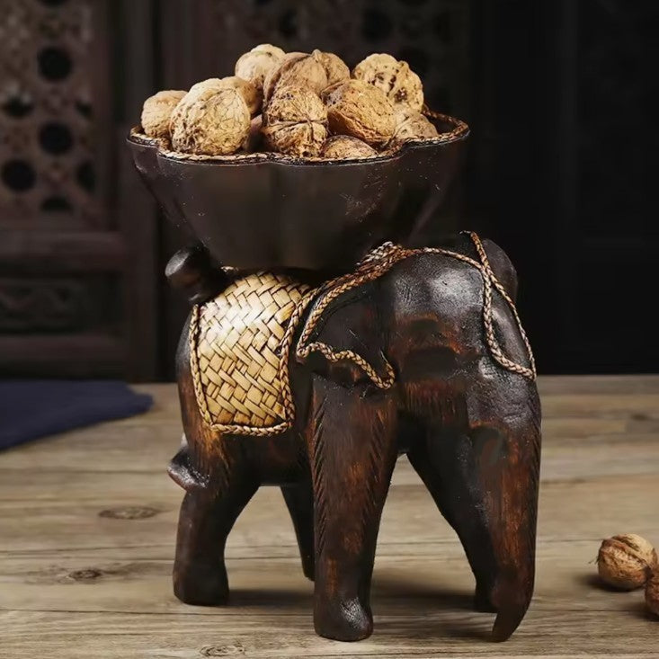 Wooden Hand Carved Elephant Tabletop Nuts seeds Fruit Sweet Tray Bowl Dish
