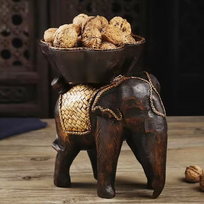 Wooden Hand Carved Elephant Tabletop Nuts seeds Fruit Sweet Tray Bowl Dish