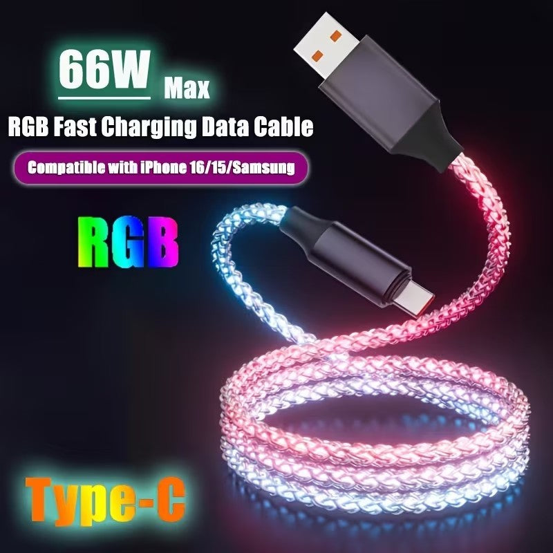 Type - C Multi - Coloured RGB Flowing LED USB Cable Charging Cable Multi Charger