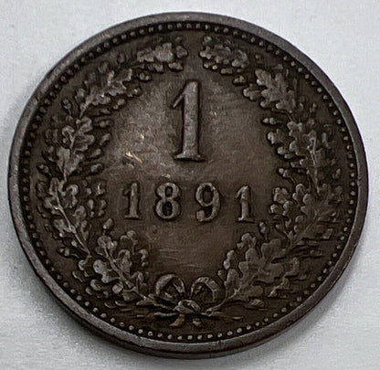 1891 Austria 1 One Kreuzer Coin | Fine Collectable Grade