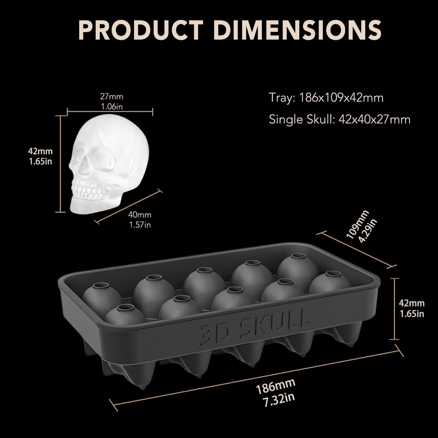 3D Skull Ice Cube Tray with Silicone Ice Cube Moulds 10 Skulls Party Cocktails