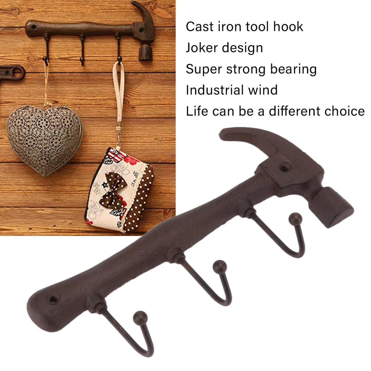 Cast Iron Heavy Hammer Coat Rack Wall Hooks Key Towel Hanger Rustic Garden Shed