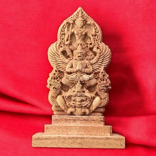 Thailand Thai Carved Teak Wooden Lord Vishnu on Garuda on Rahu Sculpture Coin