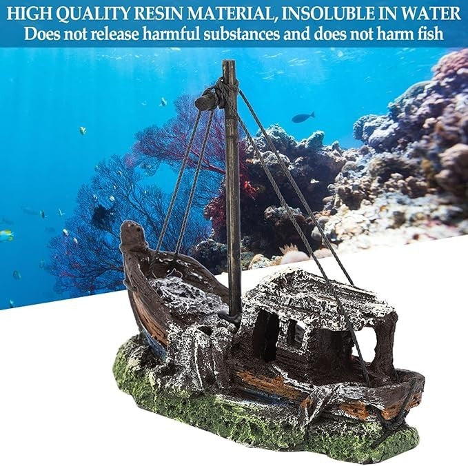 Aquarium Fish Tank Shipwreck Sculpture Figurine For Freshwater & Saltwater Tanks