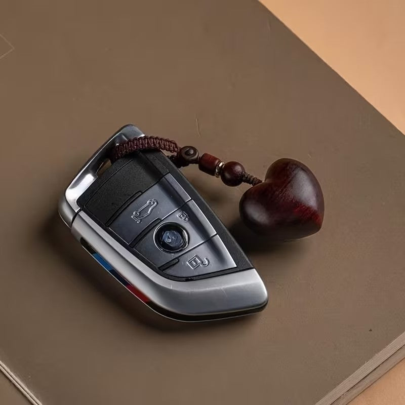Carved Wooden Wood Love Heart Charm + Metal Clip Keyring Keychain Gift UK