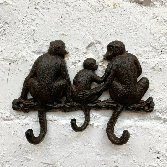 Cast Iron Monkey Family Tail Coat Rack Wall Hooks Key Towel Hanger Rustic Safari