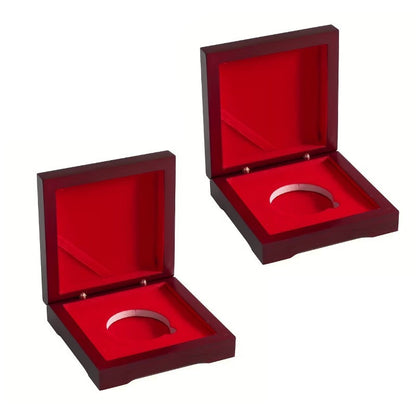 2 x Coin / Medal Display Wood Storage Protective Box With Red Velvet Interior