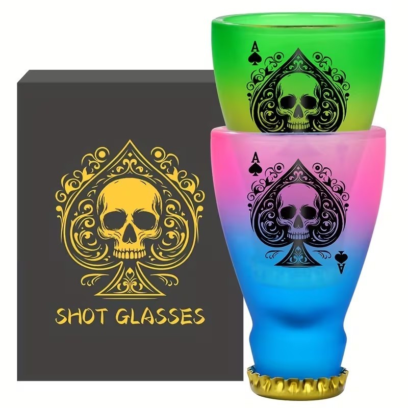 2 x Green & Pink Black Spade Skull Golden Liquor Cap Glass Shot Glasses Gift UK