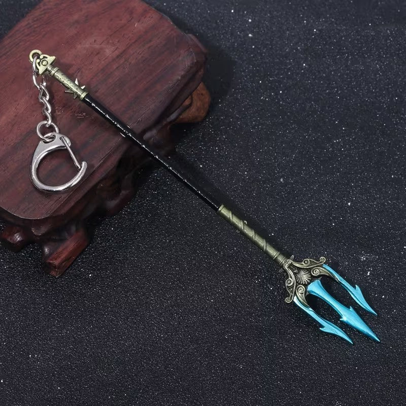 Metal Black & Blue Poseidon Trident Fork Keyring Premium Keychain Gift UK