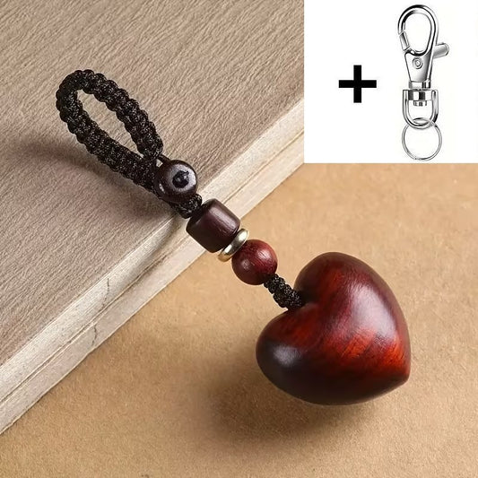 Carved Wooden Wood Love Heart Charm + Metal Clip Keyring Keychain Gift UK