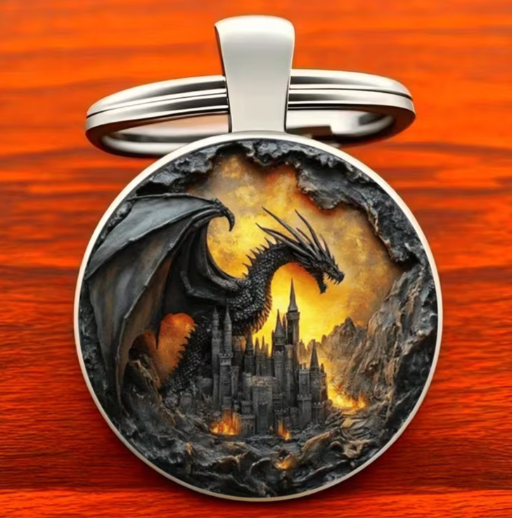 Metal Fire Dragon Above Fortress Shaped Keyring Premium Keychain Gift UK
