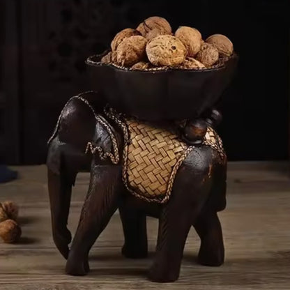 Wooden Hand Carved Elephant Tabletop Nuts seeds Fruit Sweet Tray Bowl Dish