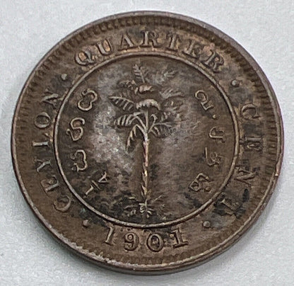 1901 Ceylon 1/4 Quarter Cent Coin | Fine Collectable Grade