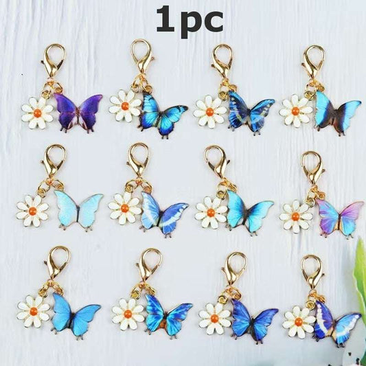 Mini Metal Purple/ Blue Butterfly & Daisy Keyring Premium Keychain Gift UK