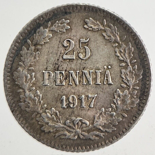 1917 Finland 25 Pennia Silver Coin | Very High Grade | a4865